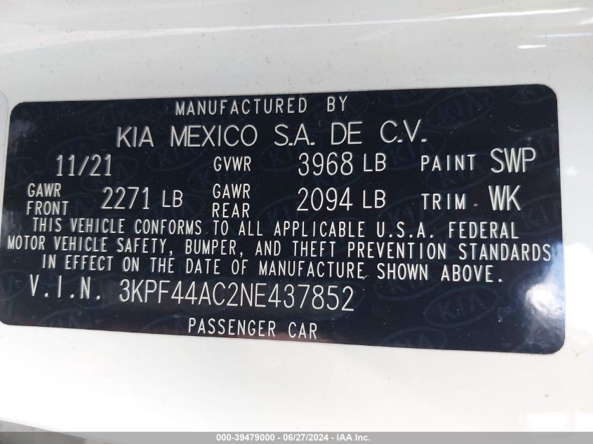 2022 Kia Forte Gt VIN: 3KPF44AC2NE437852 Lot: 39479000