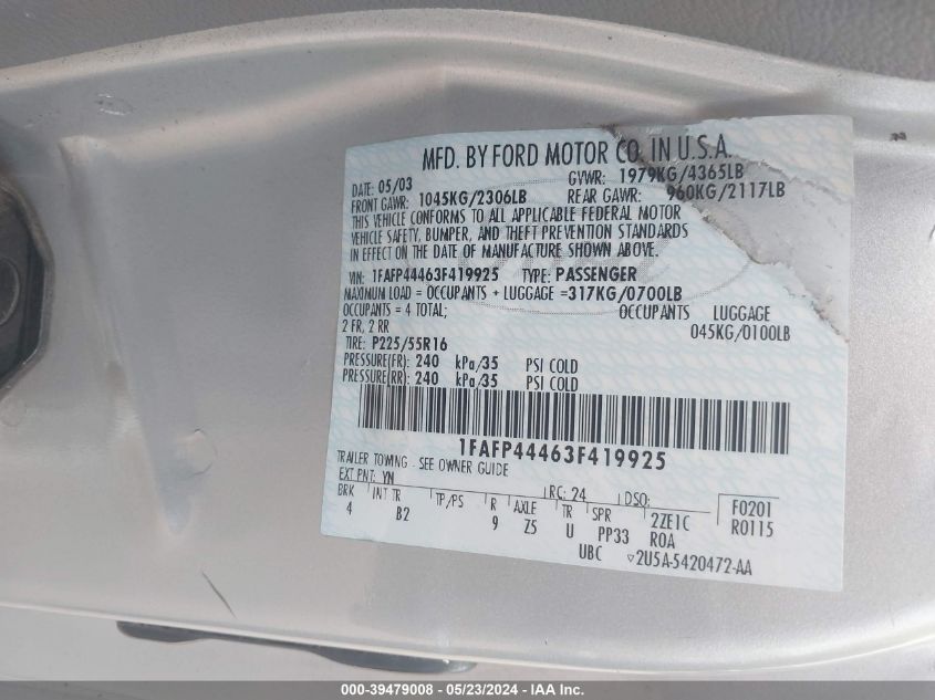 2003 Ford Mustang VIN: 1FAFP44463F419925 Lot: 39479008