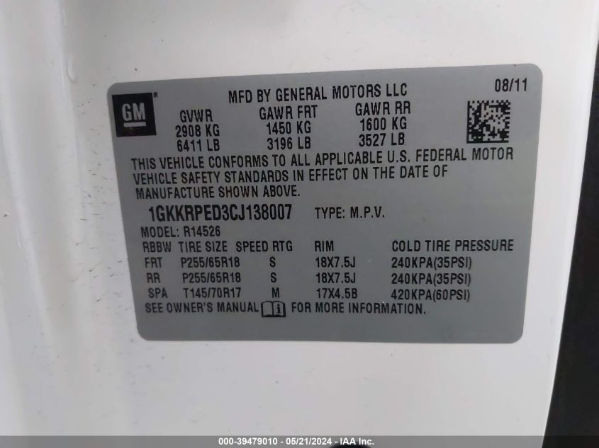 2012 GMC Acadia Sle VIN: 1GKKRPED3CJ138007 Lot: 39479010