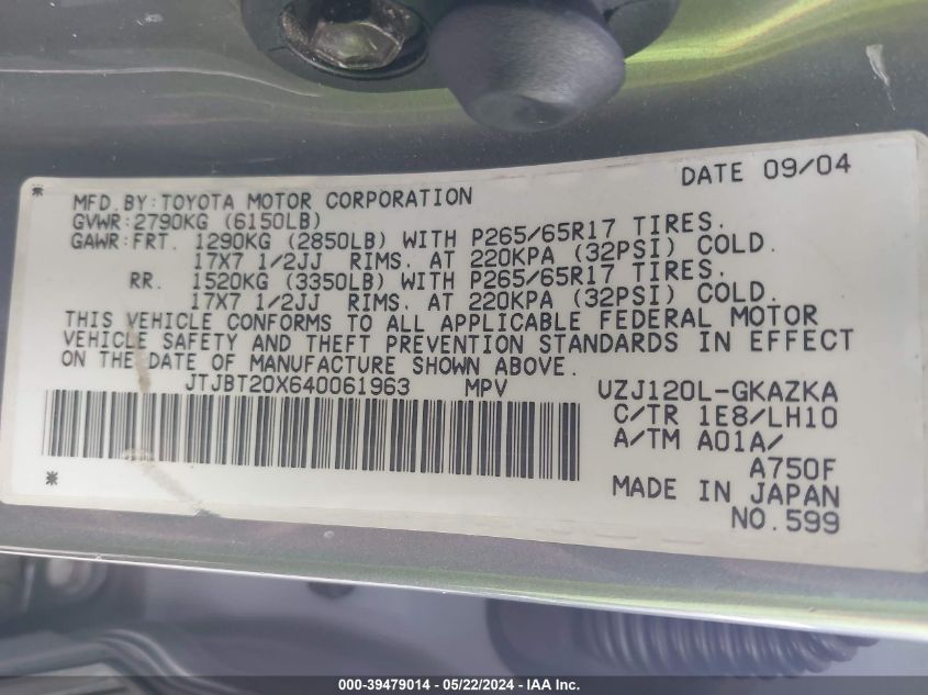 2004 Lexus Gx 470 470 VIN: JTJBT20X640061963 Lot: 39479014