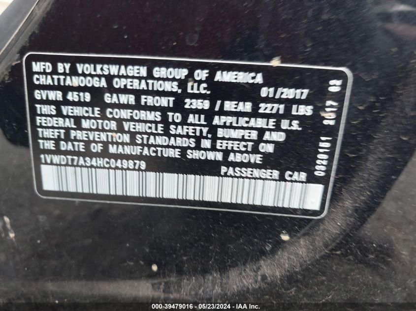 2017 Volkswagen Passat 1.8T R-Line VIN: 1VWDT7A34HC049879 Lot: 39479016
