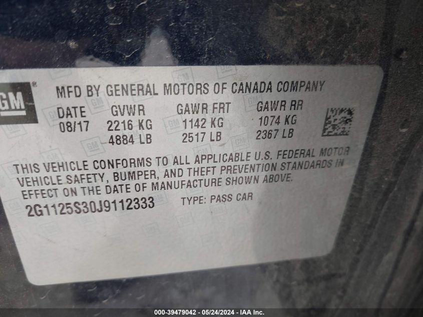 2018 Chevrolet Impala 2Lz VIN: 2G1125S30J9112333 Lot: 39479042