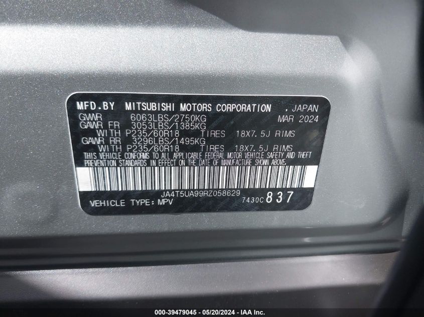 2024 Mitsubishi Outlander Phev Es S-Awc VIN: JA4T5UA99RZ058629 Lot: 39479045