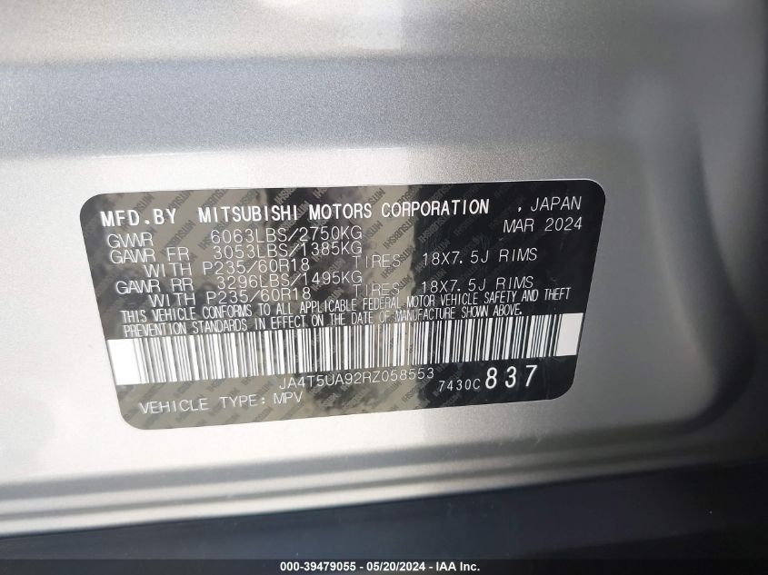 2024 Mitsubishi Outlander Phev Es S-Awc VIN: JA4T5UA92RZ058553 Lot: 39479055