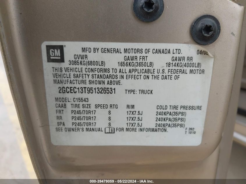 2005 Chevrolet Silverado 1500 Ls VIN: 2GCEC13T951326531 Lot: 39479059