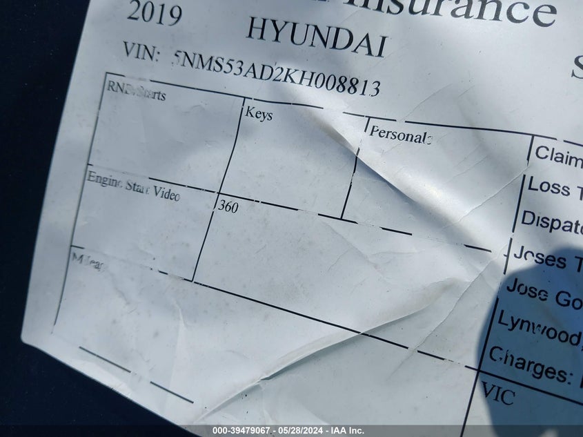 2019 Hyundai Santa Fe Limited VIN: 5NMS53AD2KH008813 Lot: 39479067