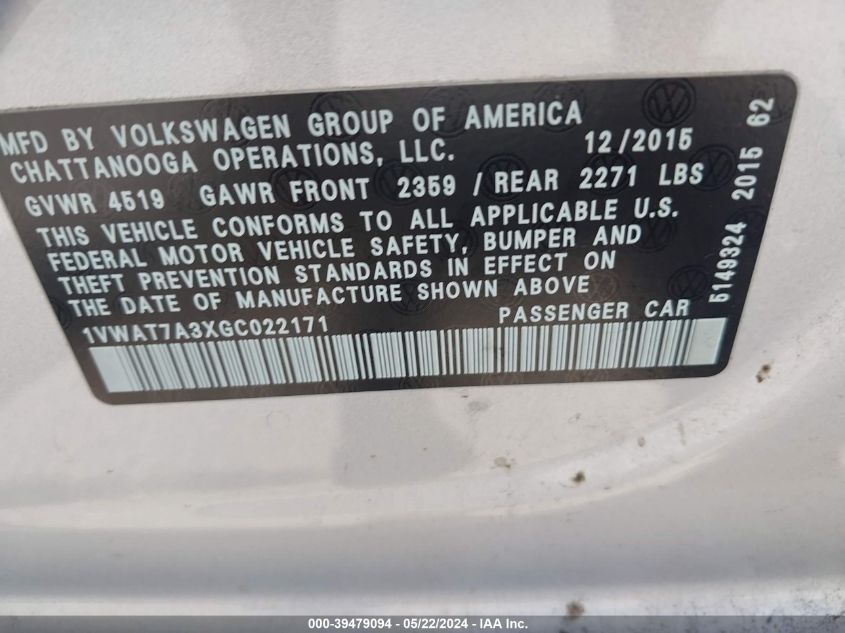 2016 Volkswagen Passat 1.8T S VIN: 1VWAT7A3XGC022171 Lot: 39479094
