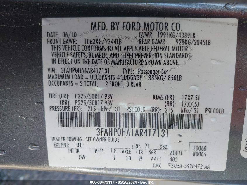 2010 Ford Fusion Se VIN: 3FAHP0HA1AR417131 Lot: 39479117