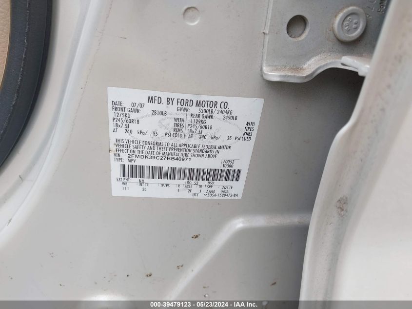 2007 Ford Edge Sel Plus VIN: 2FMDK39C27BB40971 Lot: 39479123