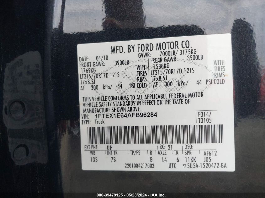 2010 Ford F-150 Svt Raptor VIN: 1FTEX1E64AFB96284 Lot: 39479125