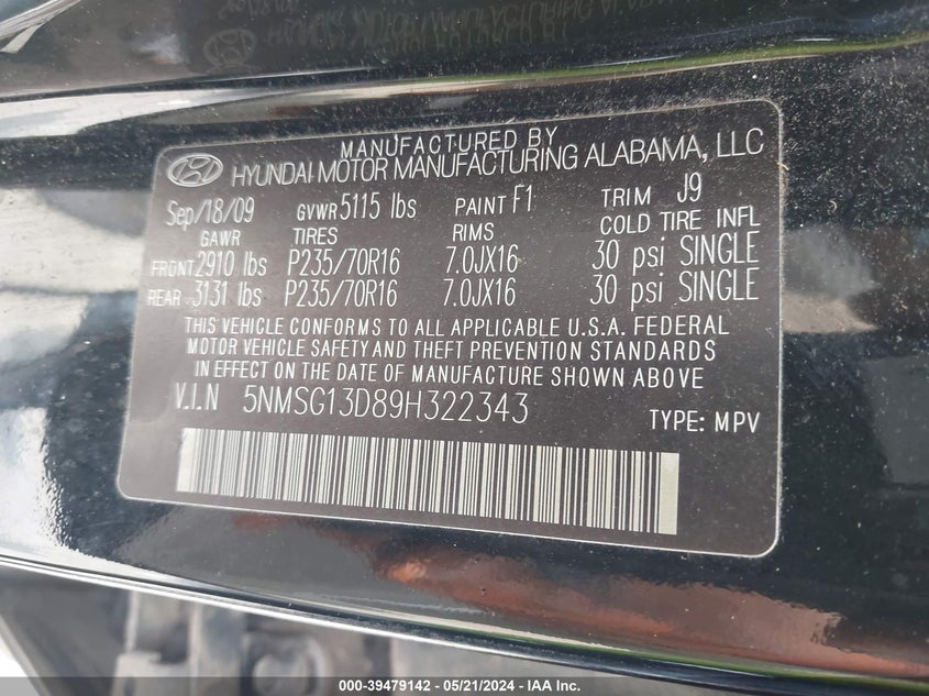 2009 Hyundai Santa Fe Gls VIN: 5NMSG13D89H322343 Lot: 39479142