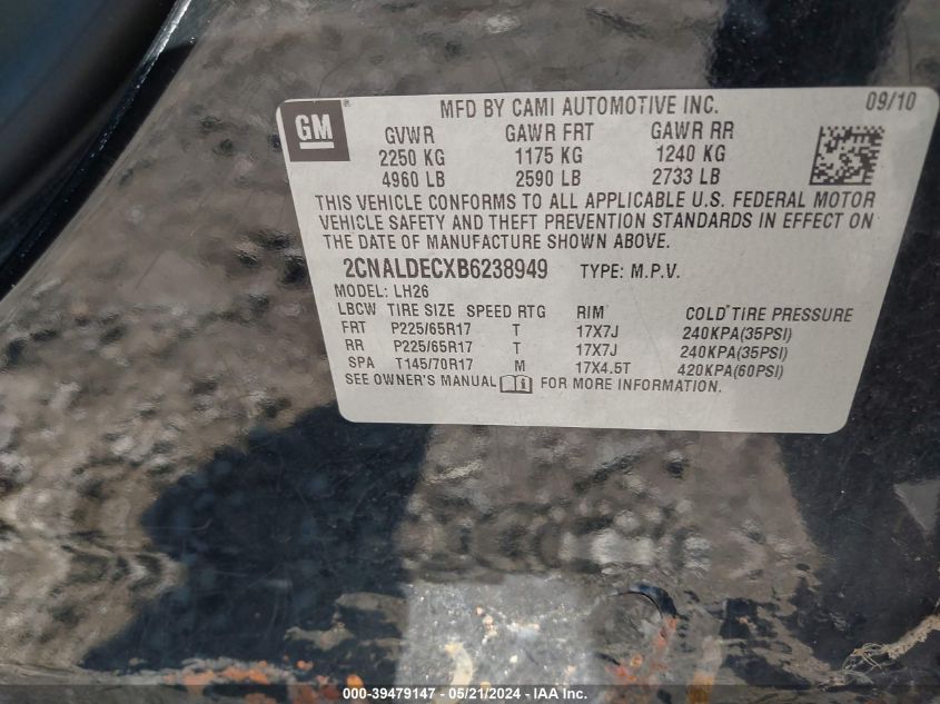 2011 Chevrolet Equinox 1Lt VIN: 2CNALDECXB6238949 Lot: 39479147