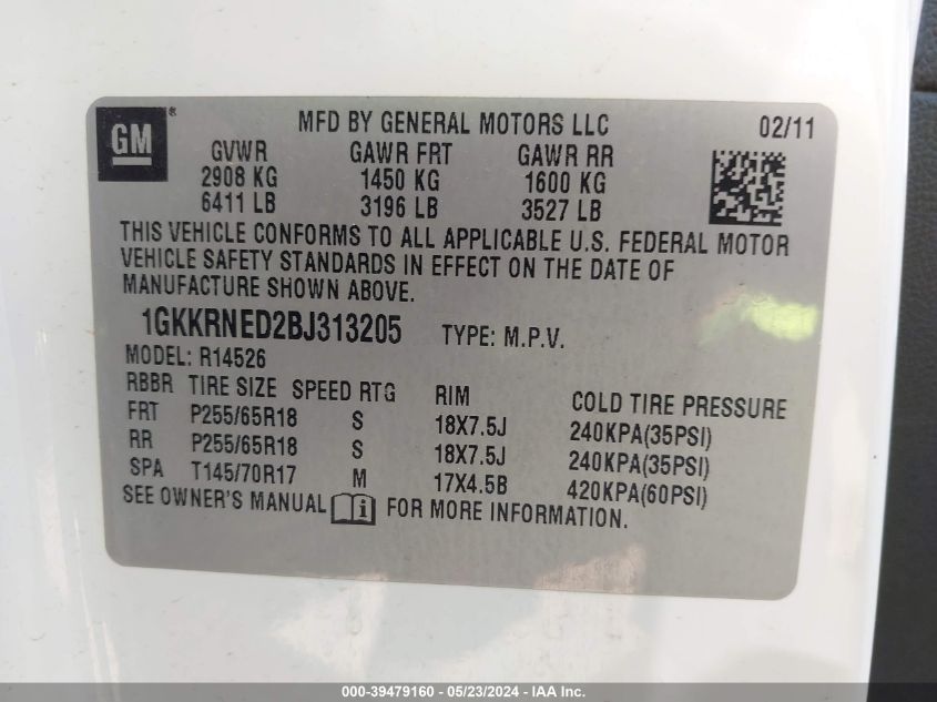 2011 GMC Acadia Sl VIN: 1GKKRNED2BJ313205 Lot: 39479160