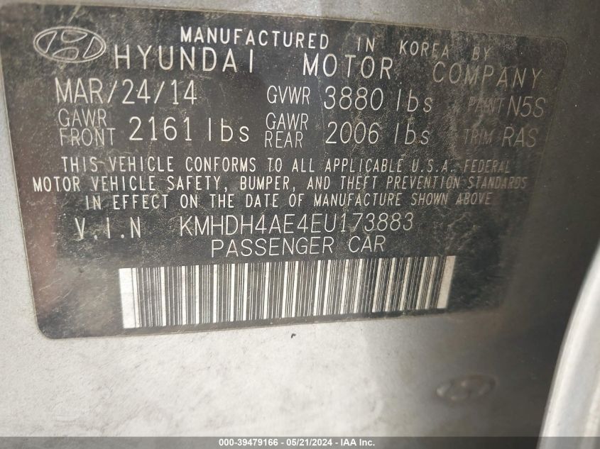 2014 Hyundai Elantra Se (Ulsan Plant) VIN: KMHDH4AE4EU173883 Lot: 39479166