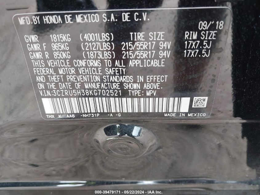 2019 Honda Hr-V Lx VIN: 3CZRU5H38KG702521 Lot: 39479171
