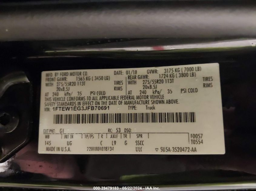 2018 Ford F-150 Xlt VIN: 1FTEW1EG3JFB70691 Lot: 39479183