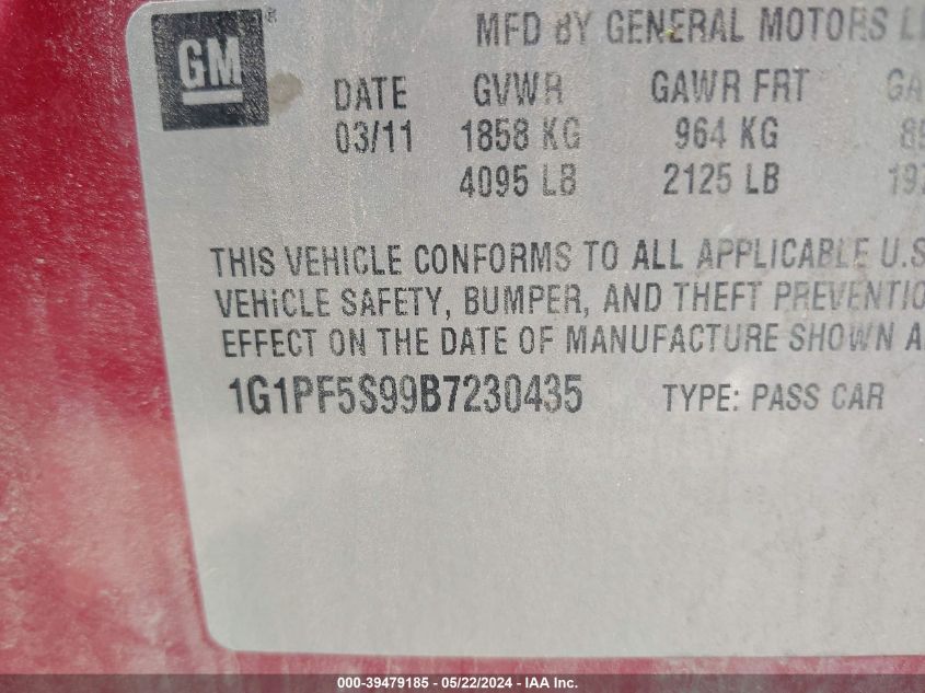 2011 Chevrolet Cruze Lt VIN: 1G1PF5S99B7230435 Lot: 39479185