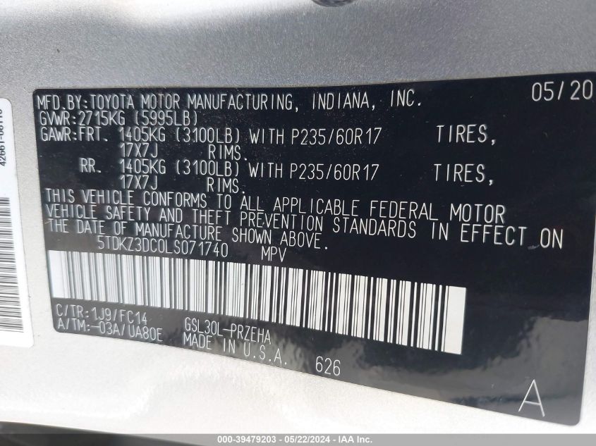 2020 Toyota Sienna Le VIN: 5TDKZ3DC0LS071740 Lot: 39479203