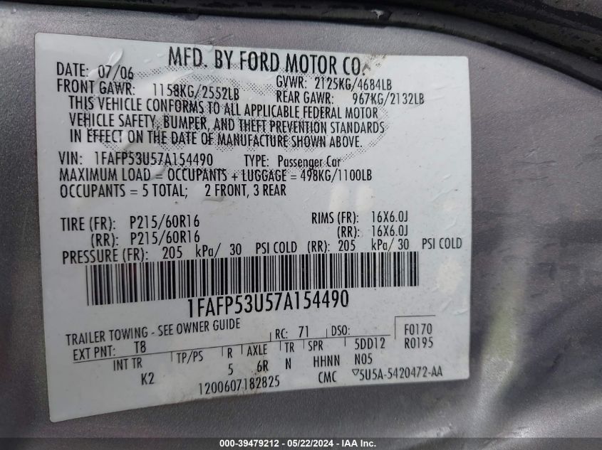 2007 Ford Taurus Se VIN: 1FAFP53U57A154490 Lot: 39479212