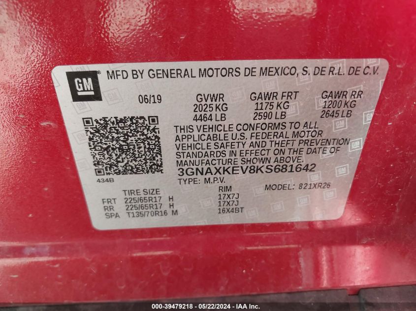 2019 Chevrolet Equinox Lt VIN: 3GNAXKEV8KS681642 Lot: 39479218