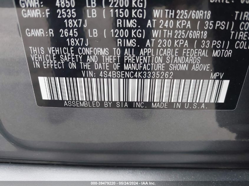 2019 Subaru Outback 3.6R Limited VIN: 4S4BSENC4K3335262 Lot: 39479220