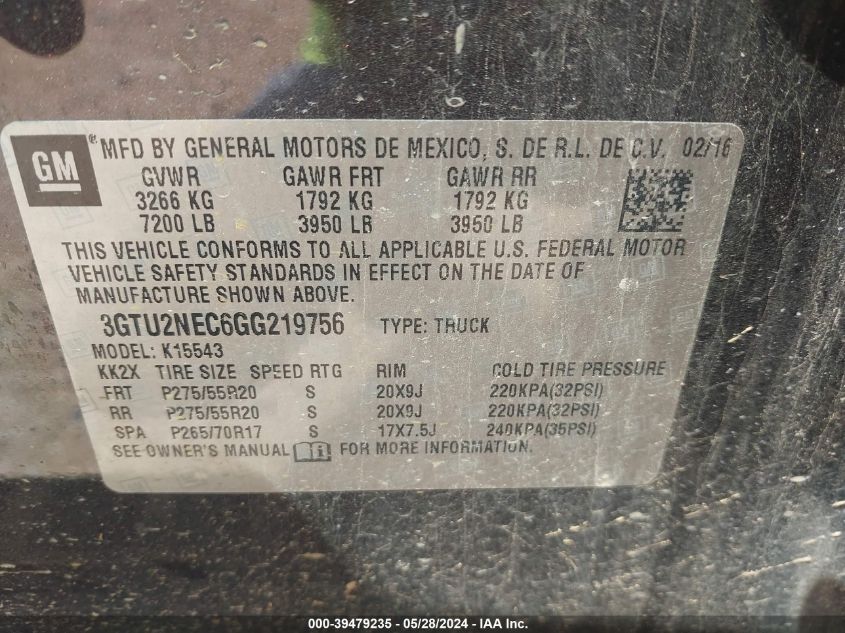 2016 GMC Sierra 1500 Slt VIN: 3GTU2NEC6GG219756 Lot: 39479235