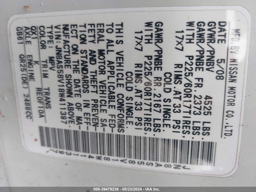 2008 Nissan Rogue Sl VIN: JN8AS58V18W411397 Lot: 39479236