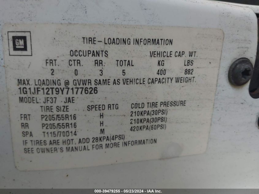 2000 Chevrolet Cavalier Z24 VIN: 1G1JF12T9Y7177626 Lot: 39479255