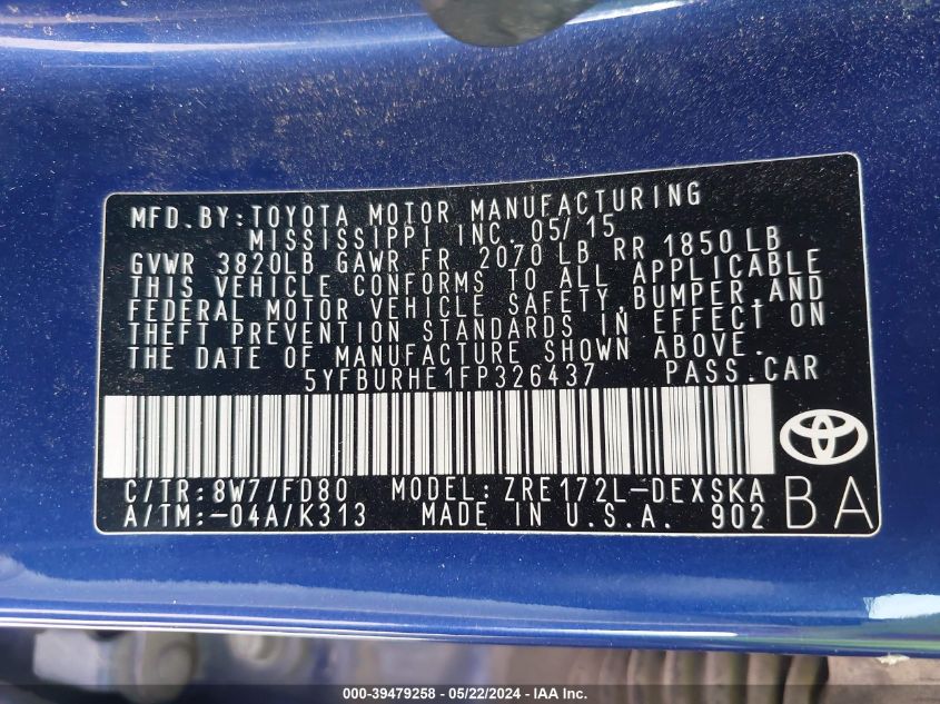 2015 Toyota Corolla S Plus VIN: 5YFBURHE1FP326437 Lot: 39479258