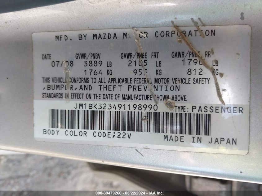 2009 Mazda Mazda3 S Touring VIN: JM1BK323491198990 Lot: 39479260