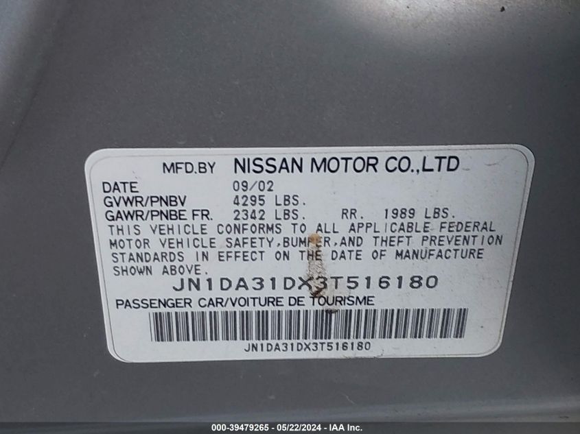 2003 Nissan Maxima Se VIN: JN1DA31DX3T516180 Lot: 39479265