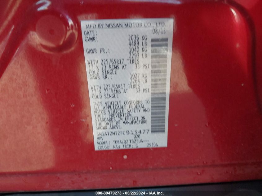 2015 Nissan Rogue Sv VIN: 5N1AT2MT2FC915477 Lot: 39479273