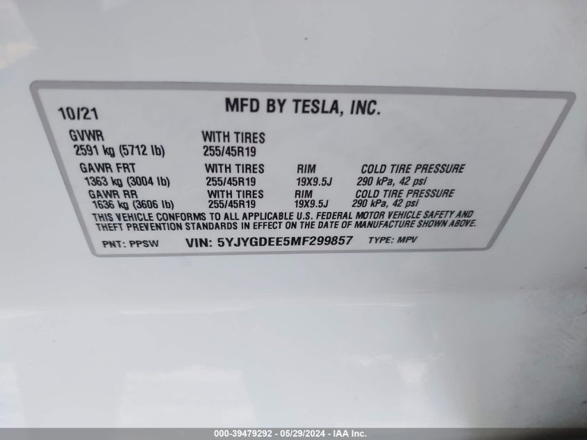 2021 Tesla Model Y Long Range Dual Motor All-Wheel Drive VIN: 5YJYGDEE5MF299857 Lot: 39479292