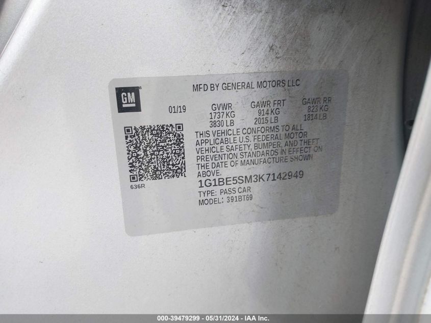 2019 Chevrolet Cruze Lt VIN: 1G1BE5SM3K7142949 Lot: 39479299