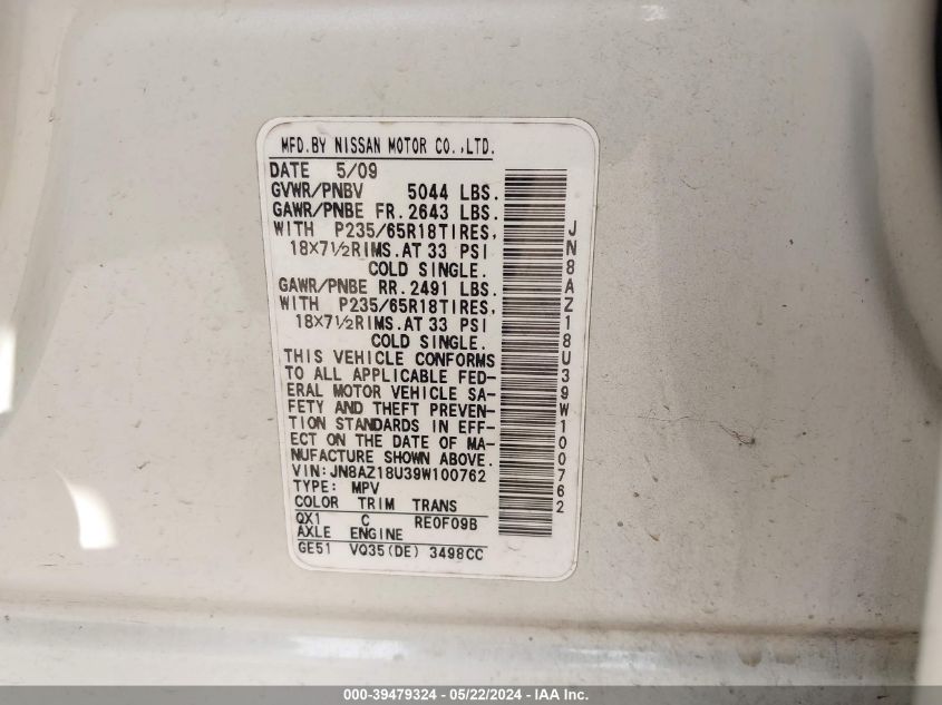 2009 Nissan Murano S VIN: JN8AZ18U39W100762 Lot: 39479324