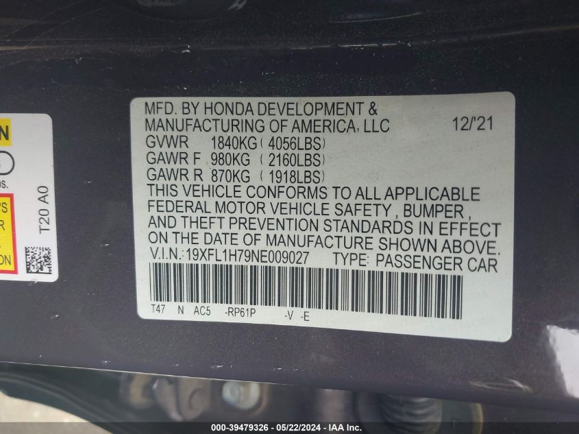 2022 Honda Civic Ex-L VIN: 19XFL1H79NE009027 Lot: 39479326