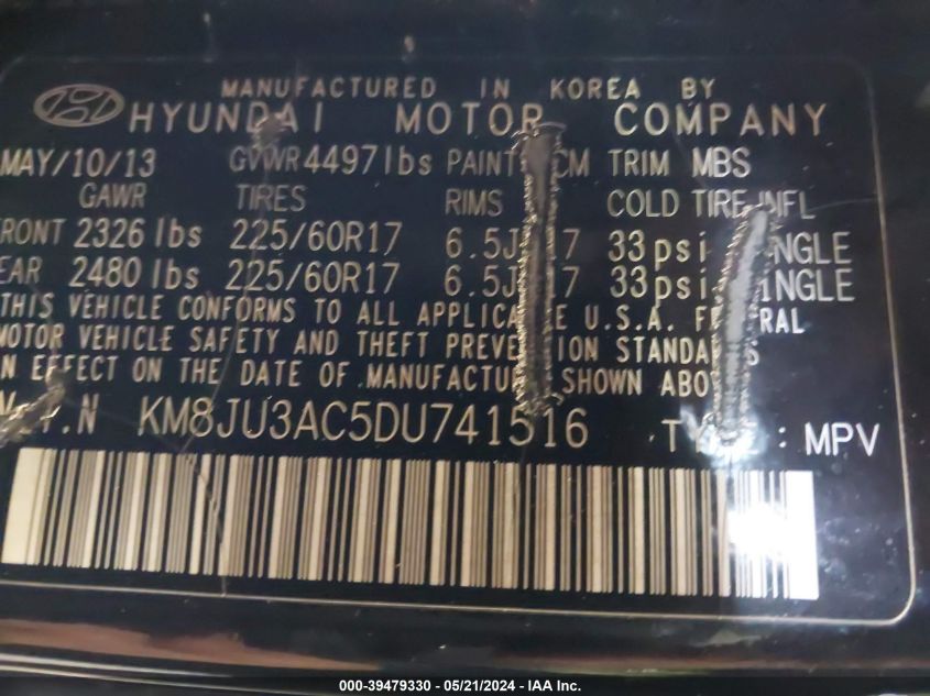 2013 Hyundai Tucson Gls VIN: KM8JU3AC5DU741516 Lot: 39479330