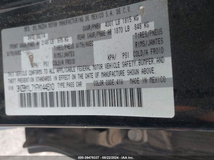 2015 Mazda Mazda3 I Touring VIN: 3MZBM1L71FM144610 Lot: 39479337