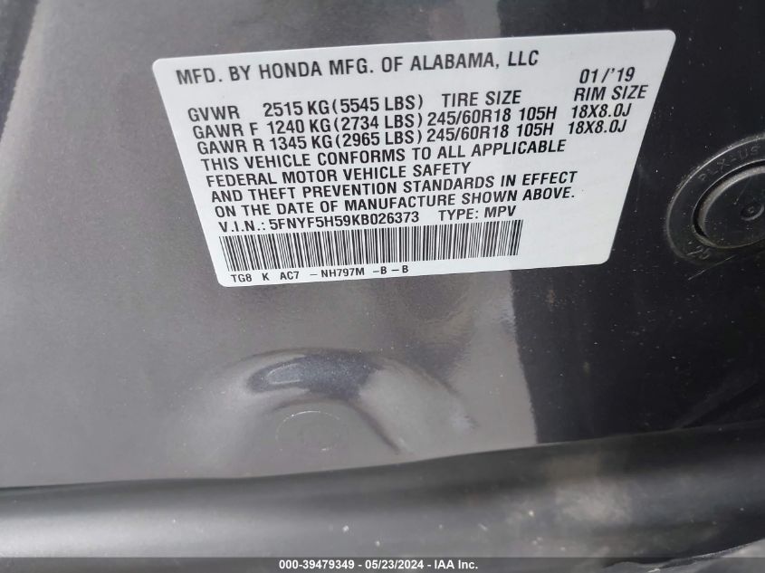 2019 Honda Pilot Ex-L VIN: 5FNYF5H59KB026373 Lot: 39479349