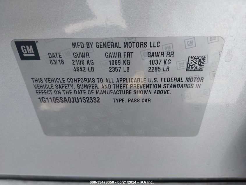 2018 Chevrolet Impala 1Lt VIN: 1G1105SA0JU132332 Lot: 39479350