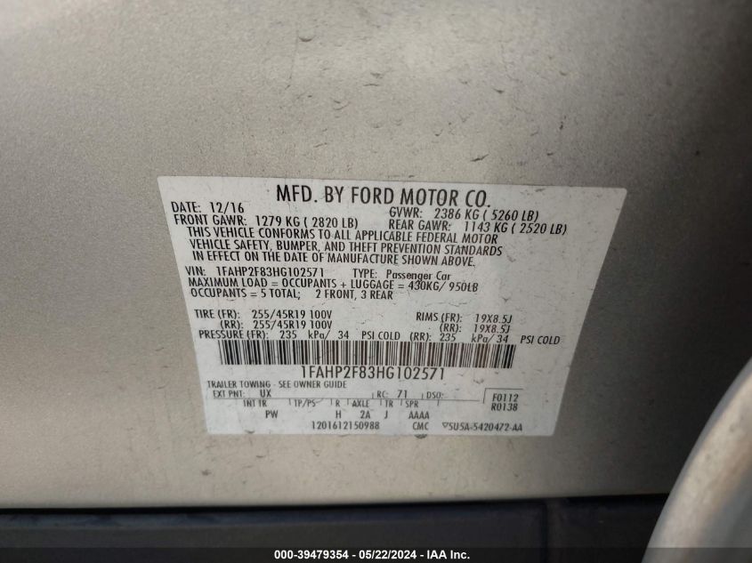 2017 Ford Taurus Limited VIN: 1FAHP2F83HG102571 Lot: 39479354