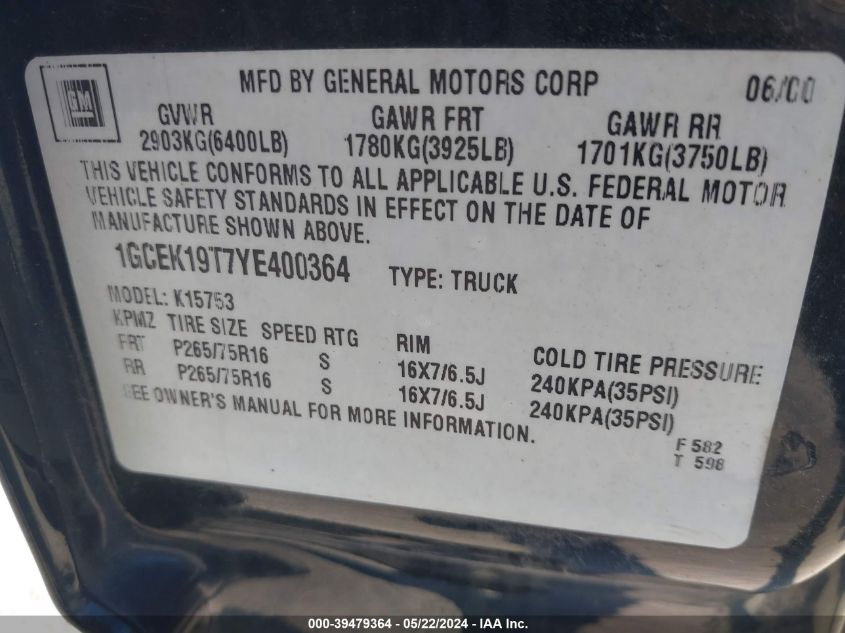 2000 Chevrolet Silverado 1500 Ls VIN: 1GCEK19T7YE400364 Lot: 39479364