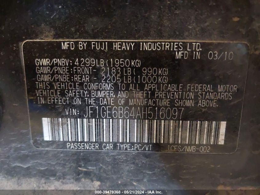 2010 Subaru Impreza 2.5I Premium VIN: JF1GE6B64AH516097 Lot: 39479368