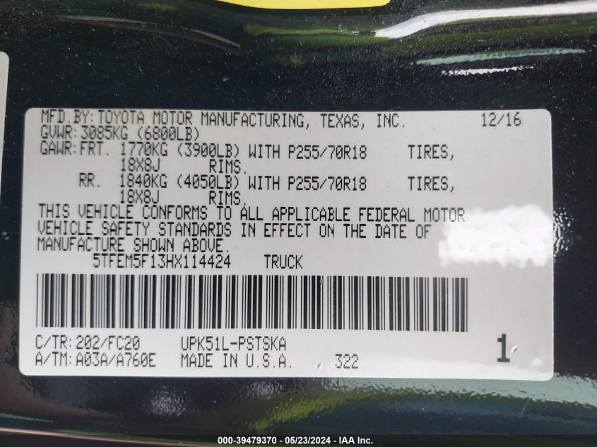 2017 Toyota Tundra Sr5 4.6L V8 VIN: 5TFEM5F13HX114424 Lot: 39479370