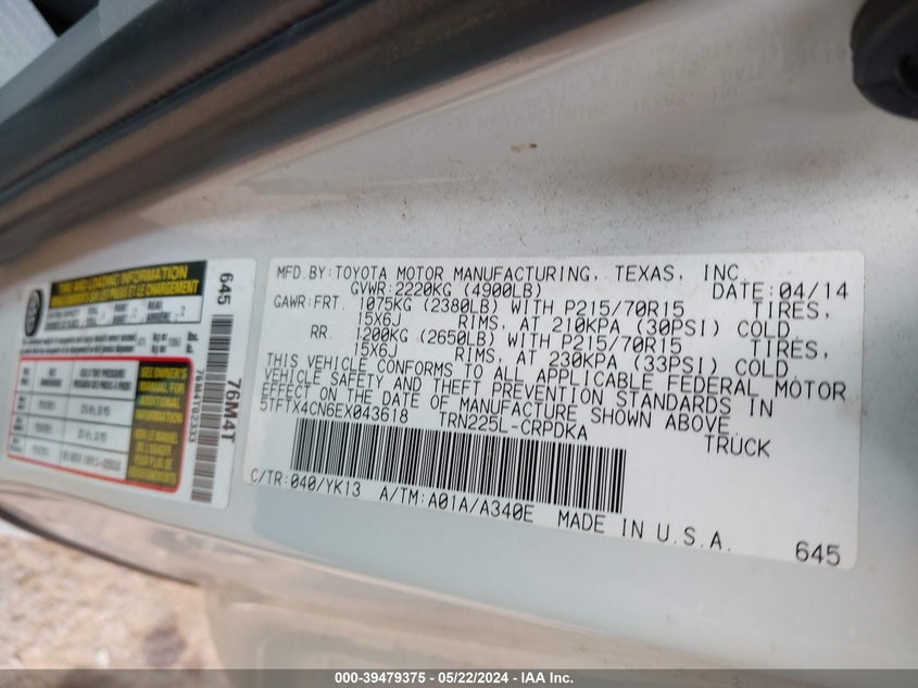 2014 TOYOTA TACOMA VIN: 5TFTX4CN6EX043618