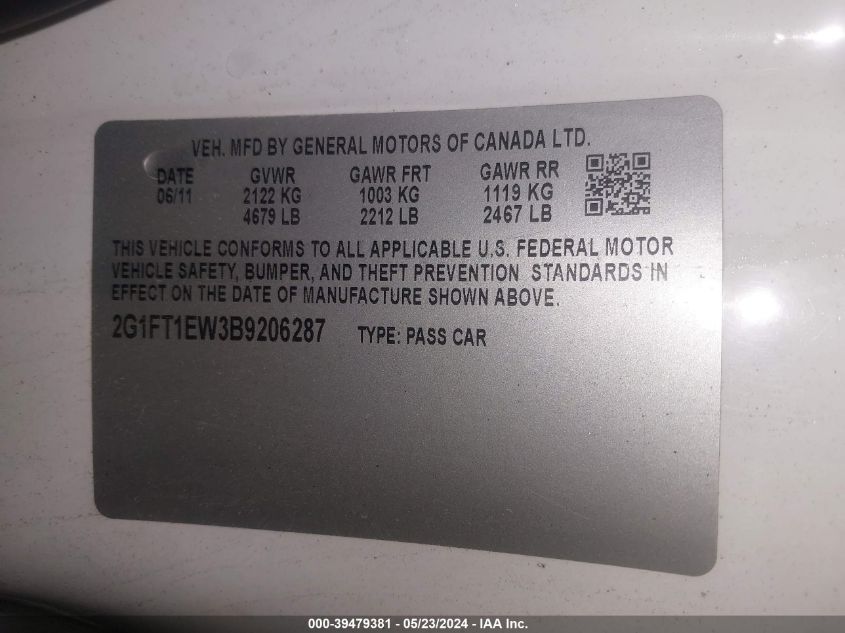 2011 Chevrolet Camaro 2Ss VIN: 2G1FT1EW3B9206287 Lot: 39479381