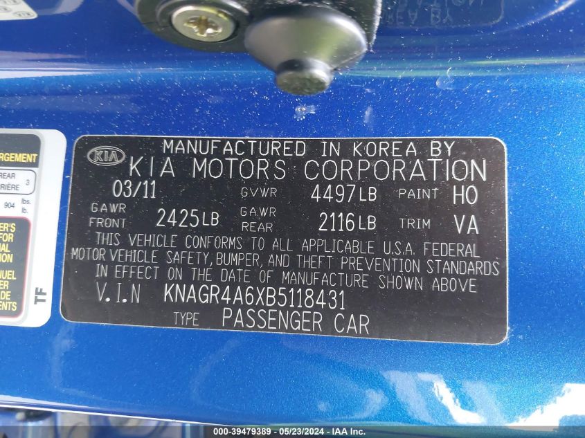 2011 Kia Optima Sx VIN: KNAGR4A6XB5118431 Lot: 39479389