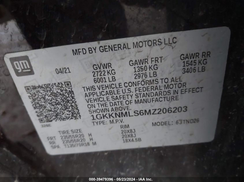 2021 GMC Acadia Fwd Slt VIN: 1GKKNMLS6MZ206203 Lot: 39479396