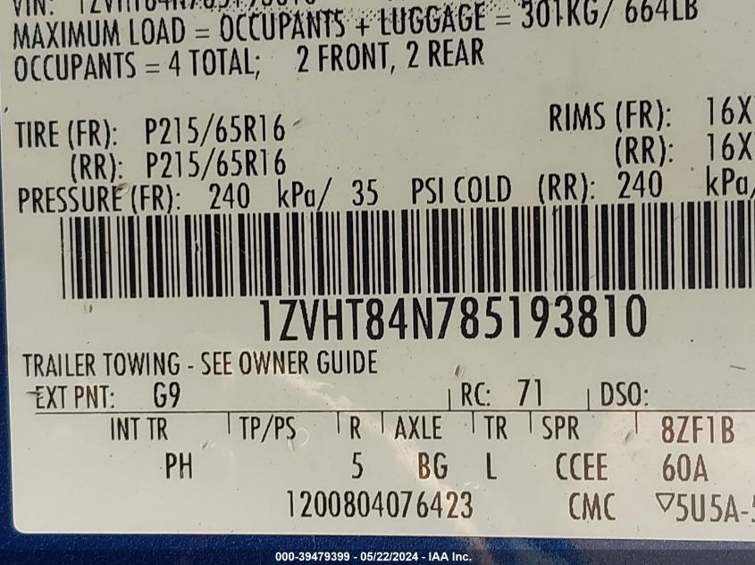 2008 Ford Mustang V6 Deluxe/V6 Premium VIN: 1ZVHT84N785193810 Lot: 39479399