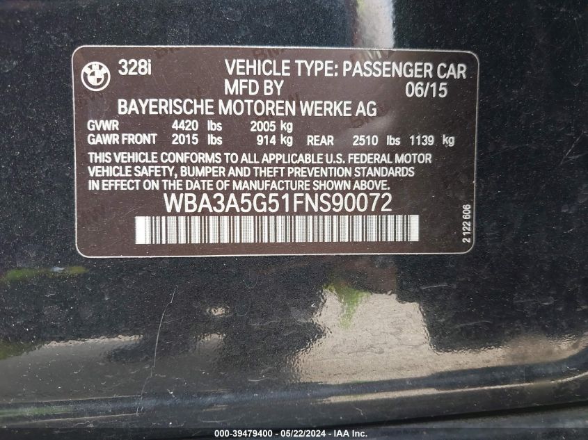 2015 BMW 328I VIN: WBA3A5G51FNS90072 Lot: 39479400